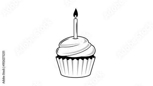 A simple line drawing of a cupcake with a lit candle on top against a clean white background.