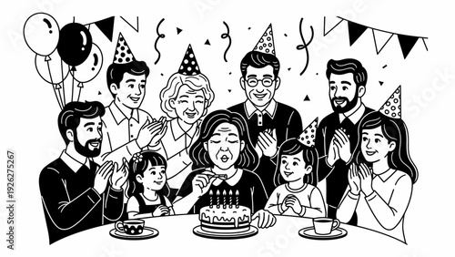 Black and white illustration of a diverse family celebrating a birthday with a cake and party decorations in a lively scene.