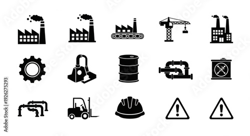 Industrial icons representing factories, construction, and safety symbols in a monochrome style.