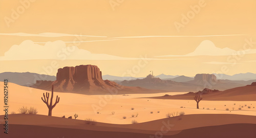 sunset, desert, cartoon, background, landscape, sand, dunes, sky, sun, horizon, evening, twilight, warm, orange, yellow, scenic, nature, arid, dry, wilderness, illustration, vector, flat, colorful, si
