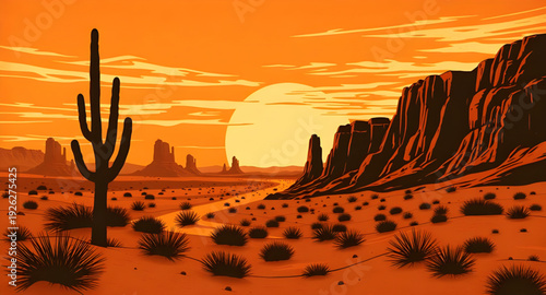 sunset, desert, cartoon, background, landscape, sand, dunes, sky, sun, horizon, evening, twilight, warm, orange, yellow, scenic, nature, arid, dry, wilderness, illustration, vector, flat, colorful, si