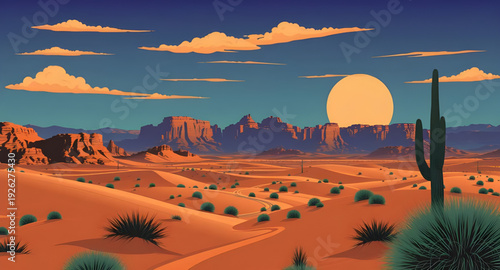 desert, sunset, cartoon, landscape, background, dunes, sand, sky, sun, horizon, twilight, evening, warm, orange, golden, red, scenic, nature, arid, dry, wilderness, illustration, vector, flat, colorfu