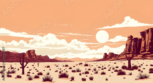 desert, sunset, cartoon, landscape, background, dunes, sand, sky, sun, horizon, twilight, evening, warm, orange, golden, red, scenic, nature, arid, dry, wilderness, illustration, vector, flat, colorfu