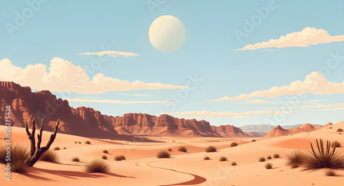 desert, sunset, cartoon, landscape, background, dunes, sand, sky, sun, horizon, twilight, evening, warm, orange, golden, red, scenic, nature, arid, dry, wilderness, illustration, vector, flat, colorfu