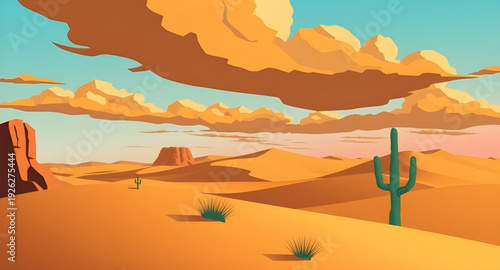 desert, sunset, cartoon, landscape, background, dunes, sand, sky, sun, horizon, twilight, evening, warm, orange, golden, red, scenic, nature, arid, dry, wilderness, illustration, vector, flat, colorfu