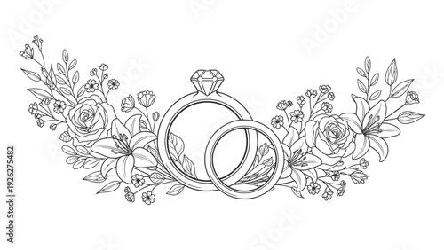 Illustration of intertwined wedding rings with floral decorations and diamond ring on a white background in a line art style.