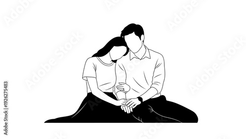 Black and white line drawing of a man and woman sitting together, holding hands, with a simple and intimate composition against a plain white background.