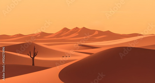 desert, sunset, landscape, cartoon, background, sky, sand, dunes, horizon, sun, orange, red, golden, twilight, evening, warm, scenic, nature, arid, dry, wilderness, illustration, vector, flat, colorfu