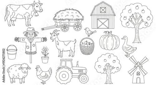 Farm scene with tractor and animals in a rural landscape setting outdoors