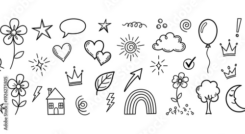Various colorful illustrations of objects and symbols are drawn on a white background in a childlike simplistic style dfghtred.
