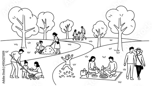 Black and white line drawing of people engaging in various leisure activities in a park with trees and a winding path.