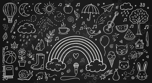 A whimsical illustration of various objects and symbols, including a rainbow, animals, food, and toys, set against a black background with white line drawings.