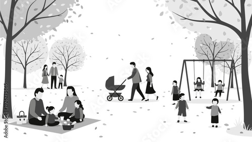 Black and white illustration of a family and children playing in a snowy park with bare trees and a swing set.