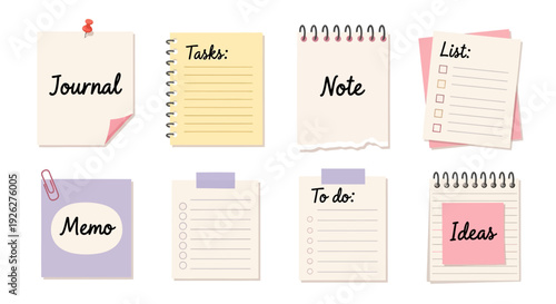 A collection of colorful sticky notes and journals with labels like tasks, note, memo, to-do, and ideas on a clean surface