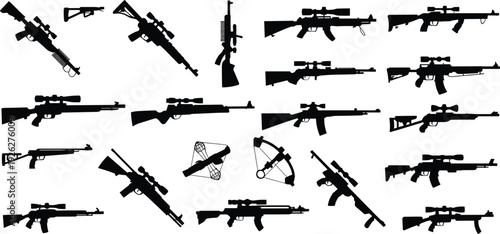 Black weapon silhouettes collection, rifle shotgun sniper crossbow firearm icon set vector illustration bundle