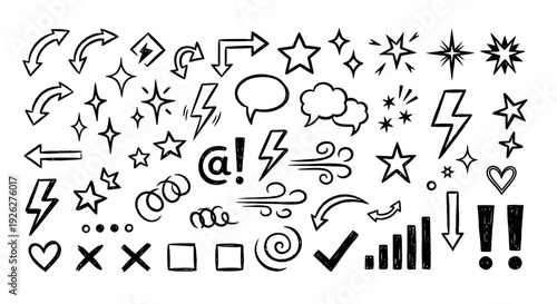 A collection of various emoticon symbols and icons including stars, arrows, and speech bubbles are scattered across the digital illustration.
