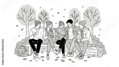 Black and white illustration of five diverse young adults sitting on a log in a wooded area with trees and fallen leaves.