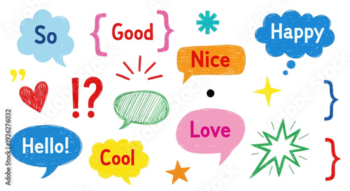A colorful illustration of various speech bubbles and emoticons expressing emotions like happy, love, and cool in a playful digital artwork scene.