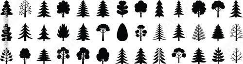 Black forest tree silhouettes bundle, pine deciduous woodland icon collection for logo branding vector design