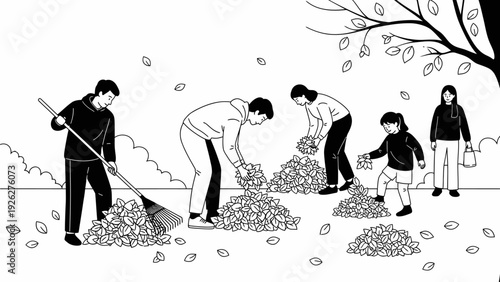 Black and white illustration of a family working together to clean up leaves in a park with a tree and scattered foliage.