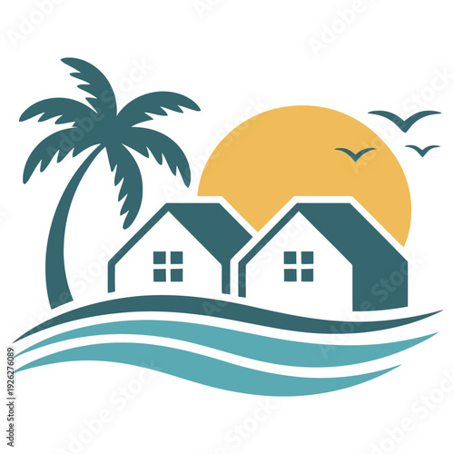 Vibrant minimalist beachfront houses with sunset and palm tree