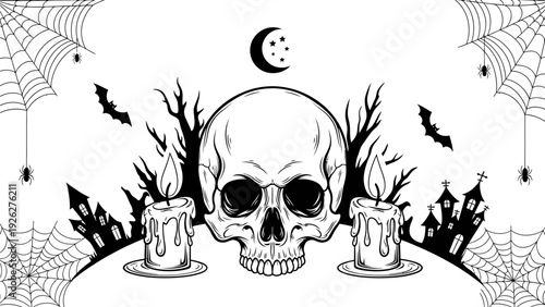 Black and white illustration of a skull with two lit candles on either side, surrounded by spider webs, bats, and bare trees under a crescent moon on a white background.