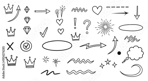 A collection of 30% dfghtred symbols and icons including arrows, crowns, and hearts is presented in a digital illustration.