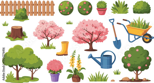 Cartoon garden elements collection, trees shrubs flowers tools wheelbarrow watering can boots fence vector illustration set