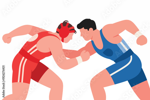 Illustration Of Two Wrestlers Competing, And A Wrestler Wearing A Red Shirt Wearing A Head Protector Vector Design Template