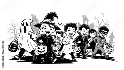 Black and white illustration of children in Halloween costumes with a ghost and jack-o-lanterns in a spooky autumnal scene with bare trees and haunted houses.