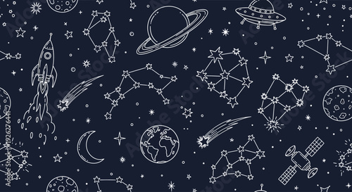 A stunning astronomical illustration depicts various celestial objects and spacecraft in a starry night sky with planets and constellations.