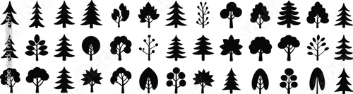 Black tree silhouettes set, forest pine deciduous icons collection for logo design vector illustration bundle pack