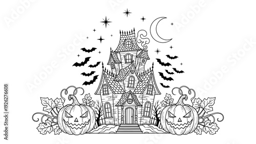 A black and white illustration of a spooky haunted house with jack-o-lanterns, bats, and a crescent moon in a night sky with stars on a white background.