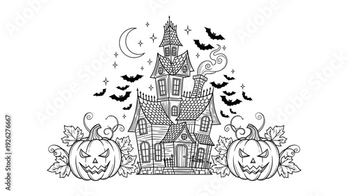 Black and white illustration of a spooky castle with jack-o-lanterns, bats, and a crescent moon on a white background.