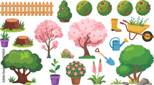 Garden tools and trees vector collection, cartoon plants fence wheelbarrow illustration set