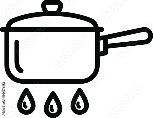 Black and white line art illustration of a cooking pot with a lid on a stove burner