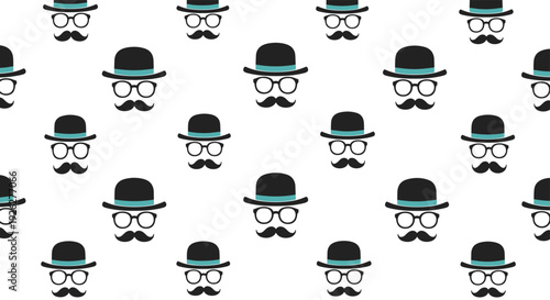 Seamless pattern featuring hipster elements like bowler hats with teal bands, round glasses, and classic black mustaches on a white background.