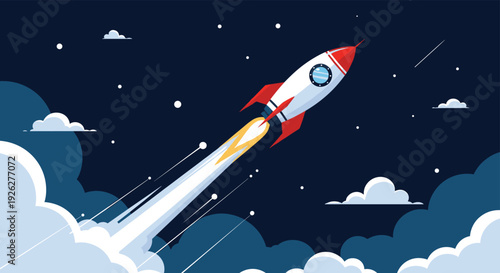 Cartoon rocket ship launching into the dark blue space sky with white stars, white clouds, and a bright fiery exhaust trail behind it.