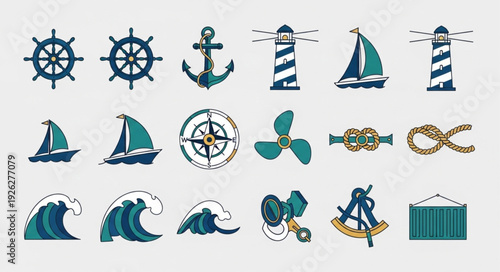 Nautical themed collection of various maritime symbols and icons for design.