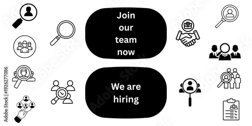 Modern Hiring and Recruitment Website Banner Template Featuring Vibrant Geometric Typography and Abstract Design; Professional Job Search Opportunity Graphic for Career Talent Search and HR Agency.