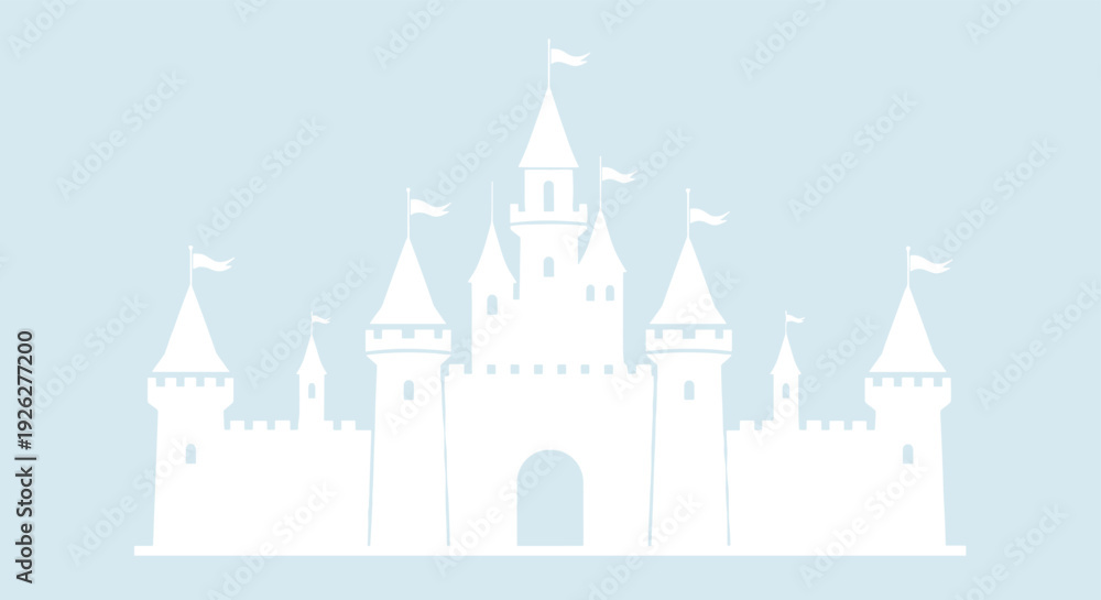Fototapeta premium Large white silhouette of a fairy tale castle with several towers and flags set against a soft pastel blue background in a flat design style.