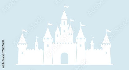 Large white silhouette of a fairy tale castle with several towers and flags set against a soft pastel blue background in a flat design style.