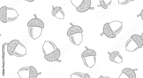 Detailed line art seamless pattern of various acorns scattered on a white background, ideal for autumn-themed designs and nature-inspired prints.