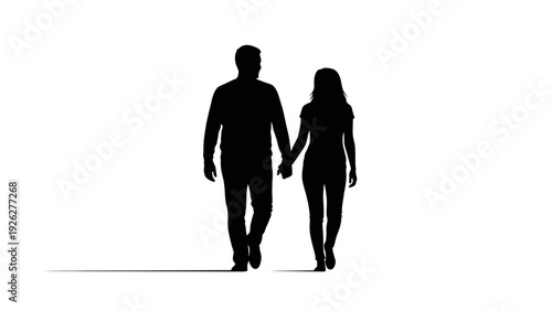 Silhouette of a couple walking hand in hand against a white background with a minimalist and romantic mood.