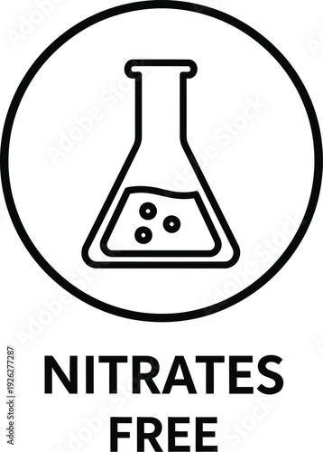 Nitrates free label icon with chemical flask inside a circle for food packaging