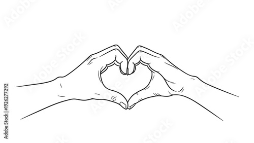 Line drawing of two hands forming a heart shape with fingers on a white background.