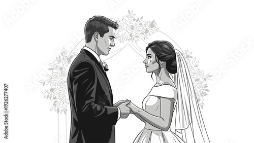 Black and white illustration of a smiling groom and bride holding hands in front of a floral arch on their wedding day with elegant and romantic mood.