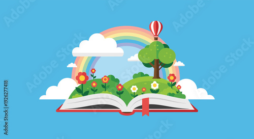 Whimsical illustration of an open book with a magical landscape of hills, flowers, a rainbow, and a hot air balloon rising from the pages.