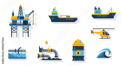 Oil and gas industry elements including platforms, ships, pipelines, and barrels.