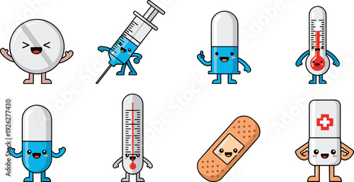 Cute Kawaii Medical Character Set, Funny Pill Syringe and Bandage Illustration Isolated, Flat Art